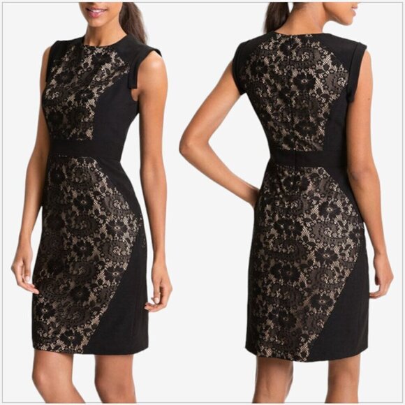 Adrianna Papell Black Lace Nude Panel Fitted Stretch Knit Cocktail Dress 2 - Picture 1 of 5